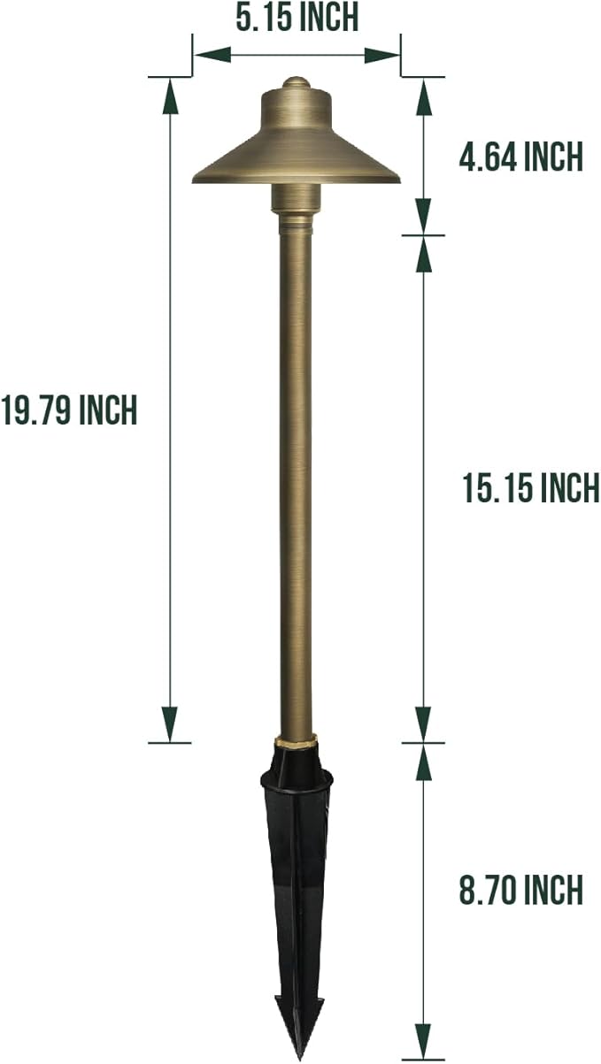 GKOLED Solid Brass Landscape Path Lights (5" Shade, 20" Tall), Low Voltage LED 3W 12-24V China Hat Path Lighting, Outdoor Waterproof Walkway Light, 2700K Warm White, with Stake and G4 Bulb, 12 Pack