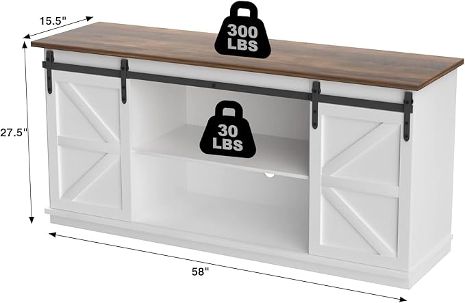 JUMMICO TV Stand for 65 Inch TV, Entertainment Center with Storage Cabinets and Sliding Barn Doors, Mid Century Modern Media TV Console Table for Living Room Bedroom (Bright White)