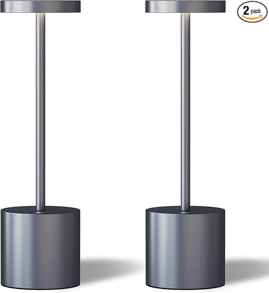 LED Cordless Table Lamps Set of 2, Portable Rechargeable 5000mAh Battery Powered Lamp, Metal 3 Color Stepless Dimming Table Light for Outdoor/Patio/Restaurant/Home. (Grey)