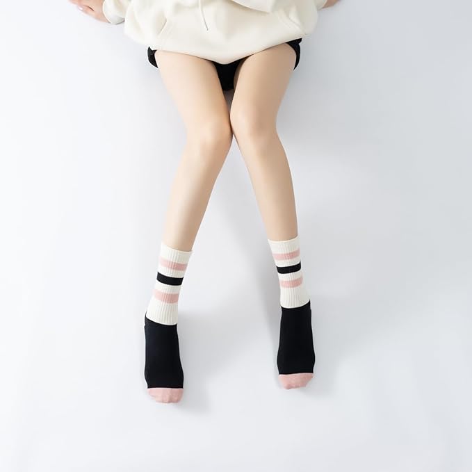 Yoga Pilates Socks with Grips for Women Non Slip Striped Cushioned Crew Socks for Barre Ballet Dance