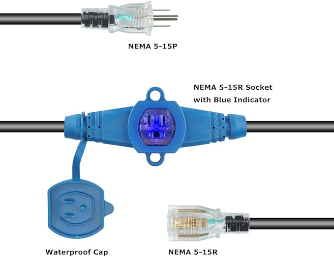 50 Feet Multi Outlet Extension Cord 12 Gauge,7 Nema 5-15R Evenly Spaced Outlets with Blue Indicators,Male Plug to Female Connector,Erboelec,ETL Listed