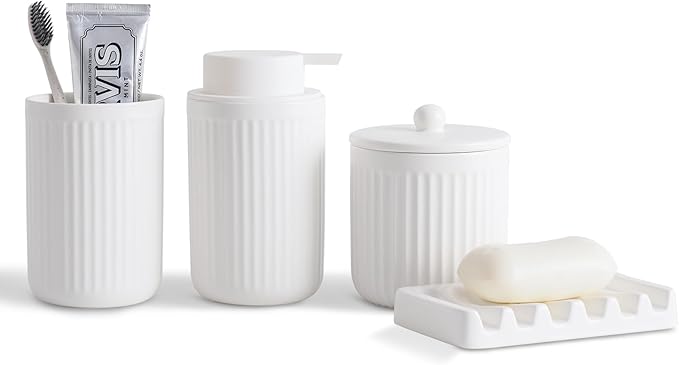 Ceramic Bathroom Accessories Set,Lotion Soap Dispenser and Toothbrush Holder Set, Soap Dish, Apothecary Jars,Rustic Farmhouse Decor, Bathroom Home Decor (White Set, Liquid)
