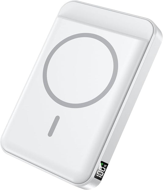 Portable Charger,10000mAh Power Bank with Type-C 20W PD Fast Charging, Lightweight and Slim Wireless Portable Charger, LED Display for Magsafe Battery Pack for iPhone 16/15/14/13/12, White