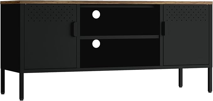 Manhattan Comfort Landen 47" Modern Metal TV Stand with Storage Cabinets & Open Shelves, Holds Up to 40" Screen, TV Console with Natural Wood Top, Cable Management, Adjustable Legs, Black