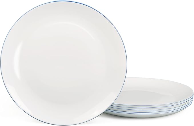 10.5 inch Dinner Plate Set of 6, Lightweight Round Opal Glass Dinnerware Plates, Dishwasher and Microwave Safe, Hand Painted Navy Blue Rim