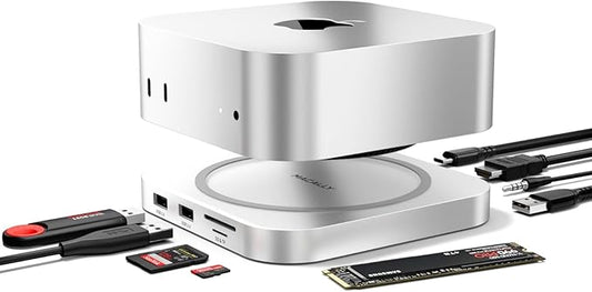 Macally Mac mini M4 Dock and Stand, Mac mini M4 Hub with NVMe/SATA SSD Enclosure, 4K HDMI 60hz, 3 USB A 10Gbps, USB C Data Port, SD Card Reader, 3.5mm Audio Jack