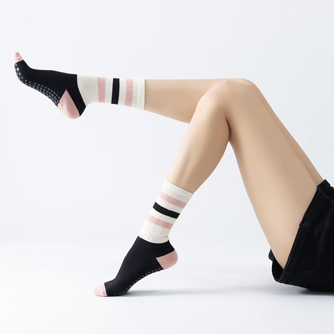 Yoga Pilates Socks with Grips for Women Non Slip Striped Cushioned Crew Socks for Barre Ballet Dance