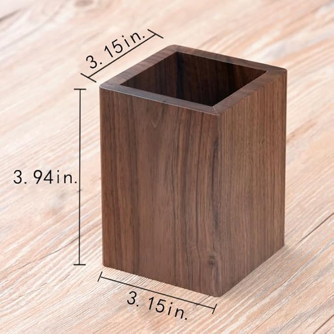 Wooden Pen Holder for Desk, Multi-Functional Pen Cup Pencil Holder for Office School Supplies Storage, Black Walnut Desk Organizer and Accessories（Square）