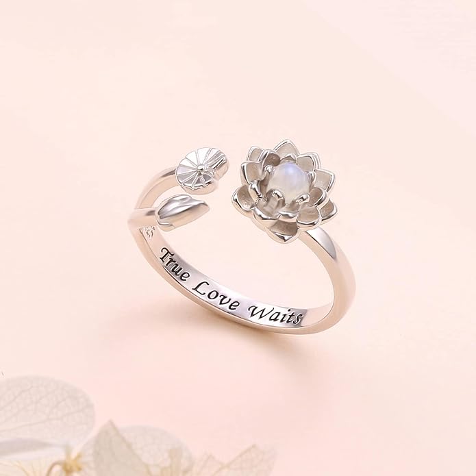 Moonstone Lotus Jewelry Set 925 Sterling Silver Lotus Flower Ring Engraved True Love Waits Natural Healing Buddha Spiritual Yoga Lotus Jewelry Set Gifts for Women