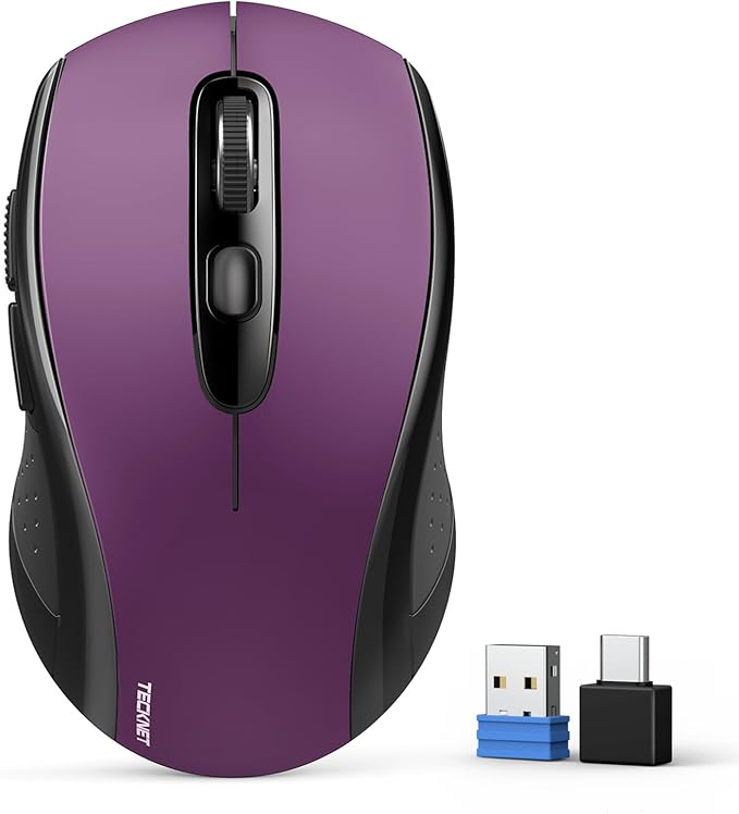 TECKNET Bluetooth Mouse, 4000DPI Wireless Mice for Laptop 2-in-1(BT 5.0/3.0+2.4Ghz) Computer Mouse with USB Receiver for Mac (USB-A/C+Bluetooth, Purple)