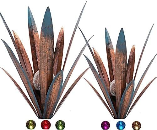 Metal Agave Plant Garden Art, 2 Pack Big Tequila Rustic Sculpture, Rustic Metal Agave Plants Lawn Home Ornaments, for Yard Stakes, Garden Figurines, Outdoor Patio (2 PCS Colorful with Light)