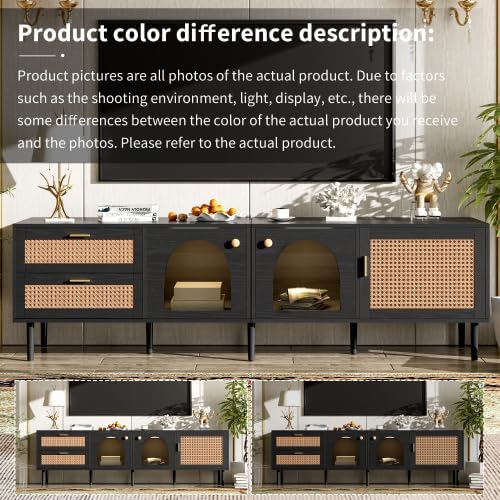 Rattan TV Stand for 75 Inch TV, Modern Farmhouse Media Console with Solid Wood Legs, Multi-Functional Storage & Cable Management, Easy Assembly Entertainment Center for Living Room Home