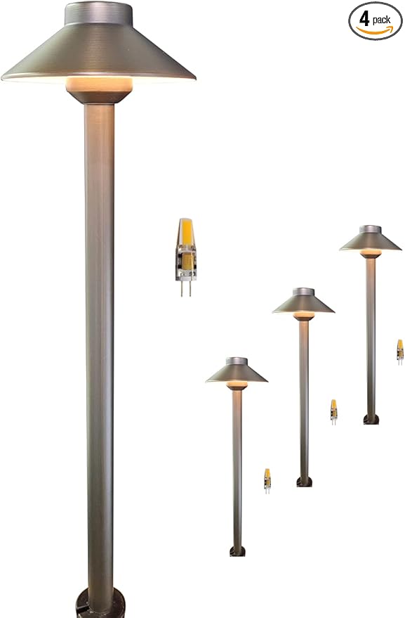 MALORY Low Voltage Pathway Lights Brass 4-Pack,(22.9''H) 12V Landscape Path Lighting, Outdoor Garden Lights with 2W 2700K LED G4 Bulb for Walkway Driveway Patio Yard & Lawn(P01)