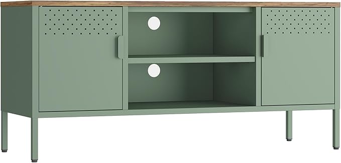 Manhattan Comfort Landen 47" Modern Metal TV Stand with Storage Cabinets & Open Shelves, Holds Up to 40" Screen, TV Console with Natural Wood Top, Cable Management, Adjustable Legs, Green