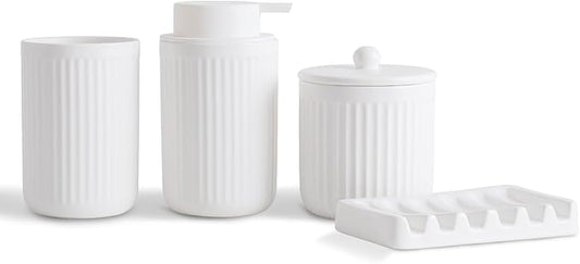 Ceramic Bathroom Accessories Set,Foam Soap Dispenser and Toothbrush Holder Set, Soap Dish, Apothecary Jars,Rustic Farmhouse Decor, Bathroom Home Decor (White Set, Foam)