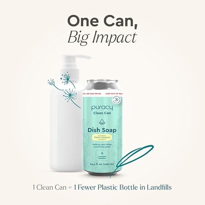 Puracy Natural Dish Soap Clean Can Refill Packs- Plant-Based Dishwashing Soap, Non-Toxic Dish Soap, Natural Liquid Dishwashing Detergent Soap As Seen on TikTok (Organic Lemongrass, 14.4 fl oz, 3 Pack)