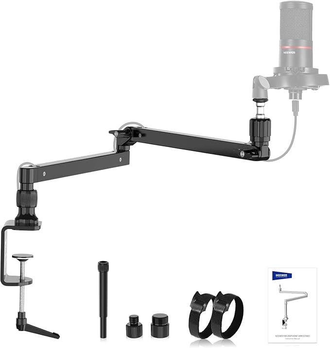 NEEWER Low Profile Mic Arm Desk Stand Mount with Damping, 360° Swivel Articulating Boom Arms with Heighten Pole & Cable Management Channels for Microphone Podcast Gaming Streaming Zoom Calls, MST002