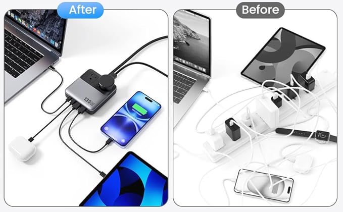 6-in-1 Charging Station USB C Power Strip with 5ft Cord and Plug,135W GaN-IV USB C Charger Block,2 AC Outlets,2 USB-A,2 USB-C for MacBook,iPhone 16/15/14,Fast Charging Desktop Charger for Office,Home
