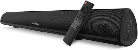 Sound bar, BESTISAN Soundbar Wired and Wireless Bluetooth 5.0 HDMI-ARC Speaker for TV (28 Inches, HDMI-ARC Connection, Optical Cable Included, DSP, Bass Adjustable, Wall Mountable)