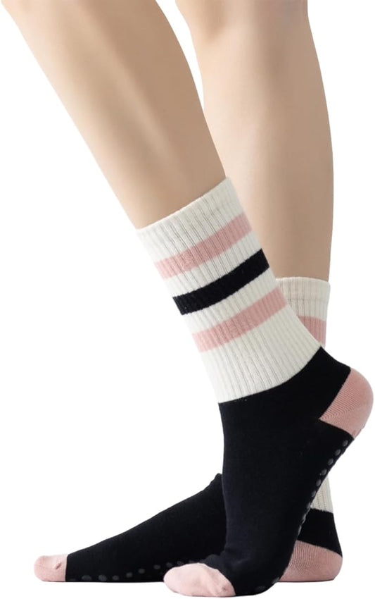 Yoga Pilates Socks with Grips for Women Non Slip Striped Cushioned Crew Socks for Barre Ballet Dance