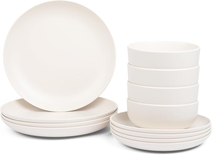 Larder & Vine 12-Piece Melamine Dinnerware Set: Durable, Lightweight, Break-Resistant Plates & Bowls – Stylish, Non-Toxic, Dishwasher Safe – Ideal for Everyday Use, Indoor & Outdoor Dining – Ivory