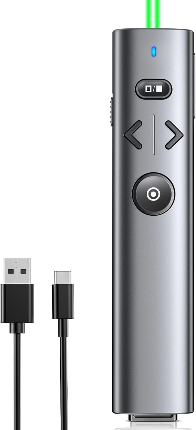 Wireless Presentation Clicker with Green Light Pointer, Clicker for Powerpoint Presentations with Volume Control, Rechargeable Long Range Presenter for Google Slide Keynote PC