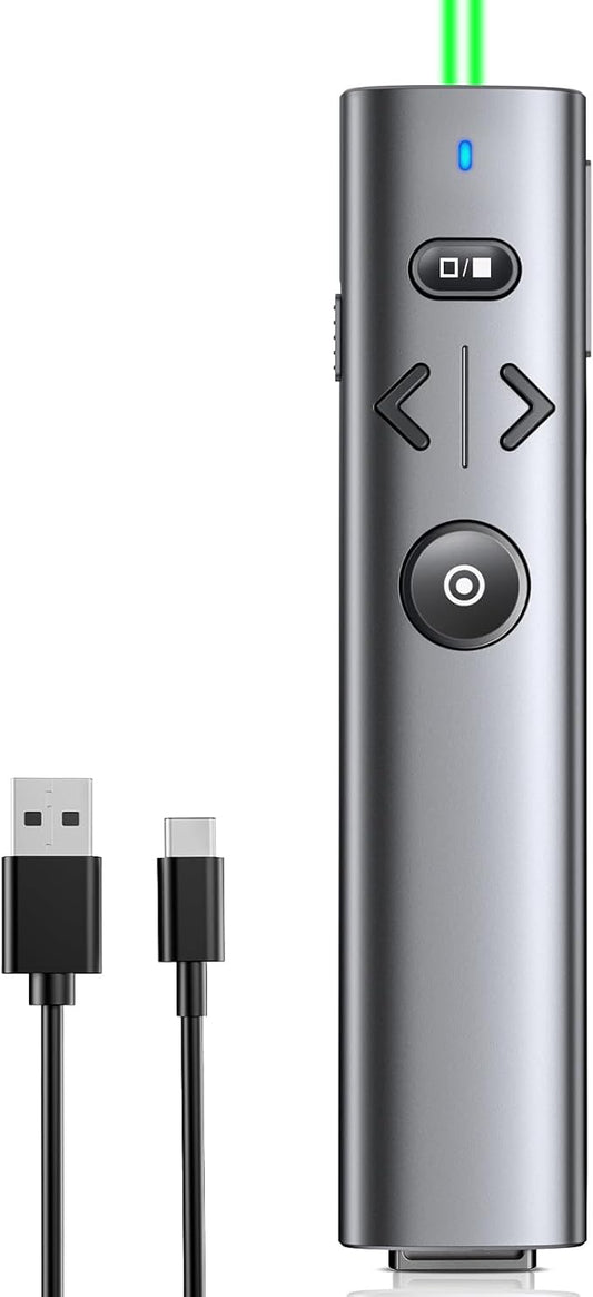 Wireless Presentation Clicker with Green Light Pointer, Clicker for Powerpoint Presentations with Volume Control, Rechargeable Long Range Presenter for Google Slide Keynote PC