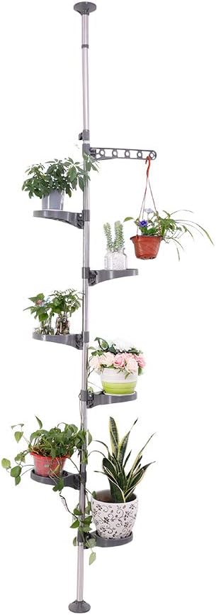 BAOYOUNI 7-Tier Indoor Plant Pole Spring Tension Rod Expandable Flower Pots Display Rack Stand Hanger Metal Corner Storage Shelf, Grey