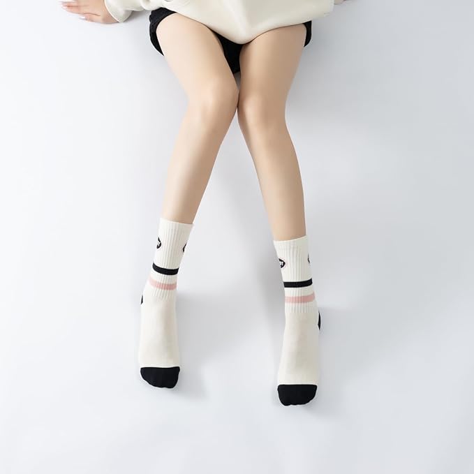 Yoga Pilates Socks with Grips for Women Non Slip Striped Cushioned Crew Socks for Barre Ballet Dance