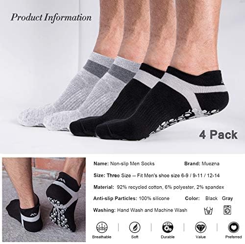 Muezna Men's Non-Slip Yoga Socks, Anti-Skid Pilates, Barre, Bikram Fitness Hospital Slipper Socks with Grips