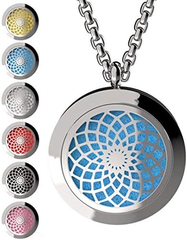 Wild Essentials 3 Necklace Set, Tree Of Life, Flower of Life, Sun Essential Oil Diffuser Necklace Stainless Steel Locket Pendants, 24 Inch Chains, 36 Refill Pads, Color Changing, Perfume Locket, Aroma