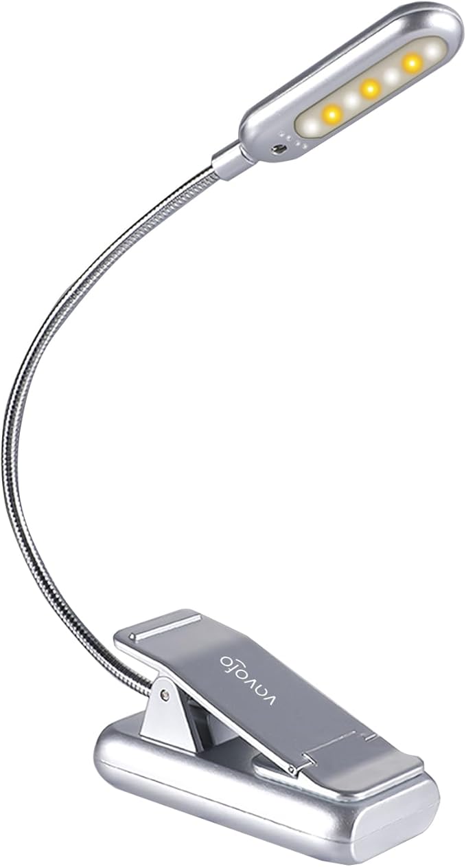 VAVOFO Rechargeable Book Light for Reading in Bed Kids, 7 LED Reading Light with 9-Level Warm Cool White Daylight, Eye Care Lamp with Power Indicator for Bookworms (Silver)