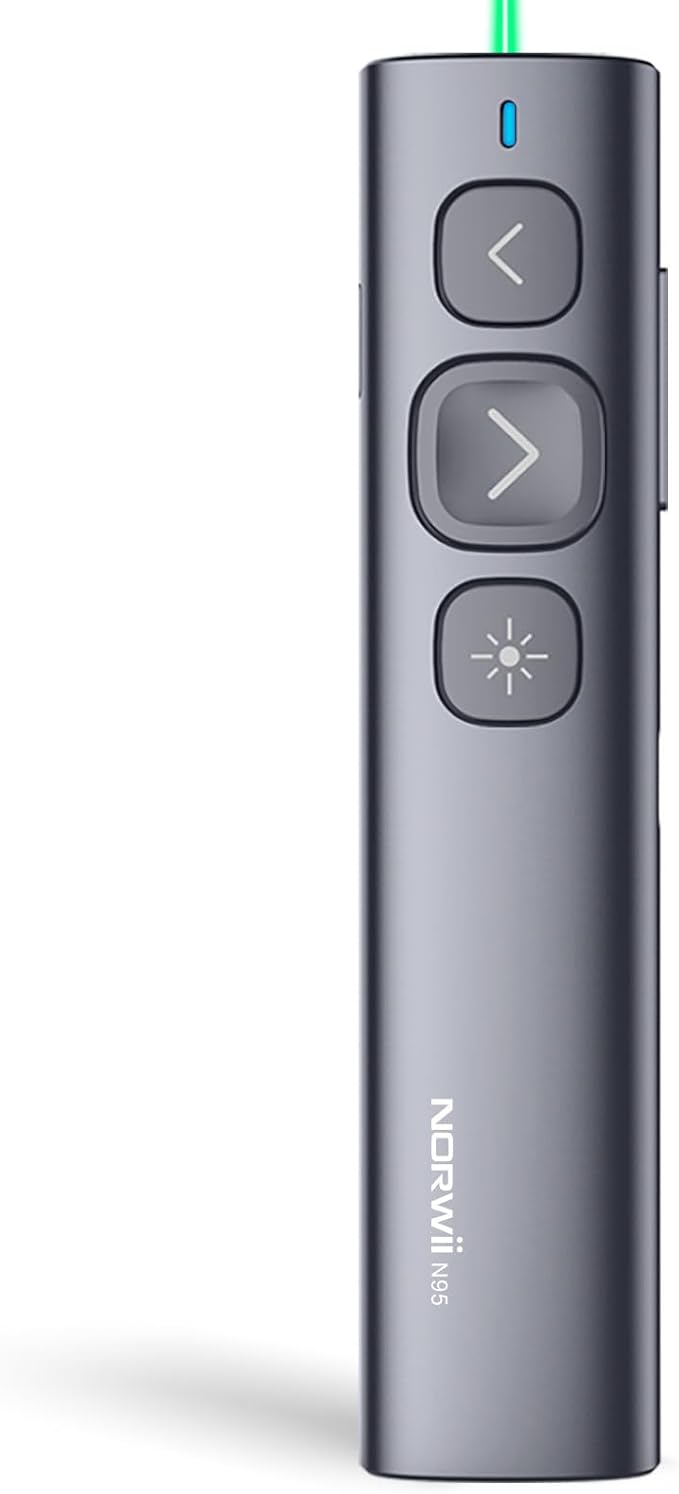 Norwii N95 Presentation Clicker, PowerPoint Clicker for Presentation Remote, Rechargeable Wireless Presenter Pointer, Slide Advancer for PC/Laptop/e-Book (BLE&USB-A&C, Green Light)