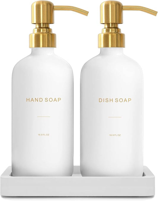 Gold Soap Dispenser Set, Glass Soap Dispenser with Stainless Steel Pump, Perfect for Modern Kitchen Counter Decor. (Gold)