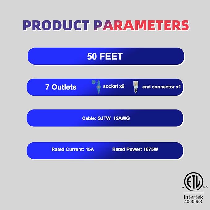 50 Feet Multi Outlet Extension Cord 12 Gauge,7 Nema 5-15R Evenly Spaced Outlets with Blue Indicators,Male Plug to Female Connector,Erboelec,ETL Listed