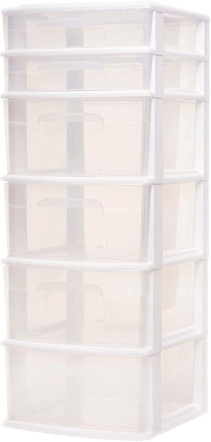 HOMZ 2-Pack Drawer Tower, 6-Tier Clear Plastic Storage Organizer Unit, White Frame - Multi-Purpose Container Drawers for Bedroom, Bathroom, and Office Organization