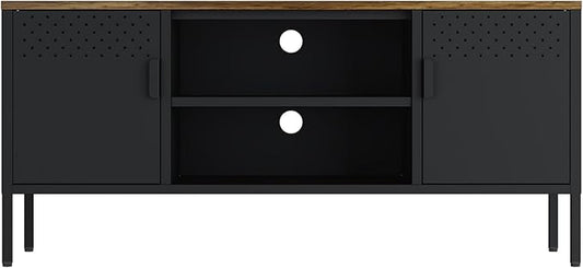 Manhattan Comfort Landen 47" Modern Metal TV Stand with Storage Cabinets & Open Shelves, Holds Up to 40" Screen, TV Console with Natural Wood Top, Cable Management, Adjustable Legs, Black
