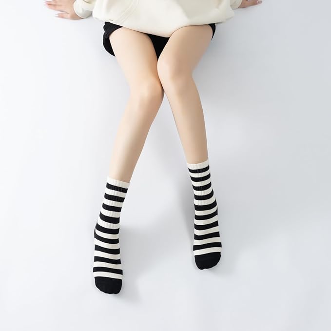 Yoga Pilates Socks with Grips for Women Non Slip Striped Cushioned Crew Socks for Barre Ballet Dance