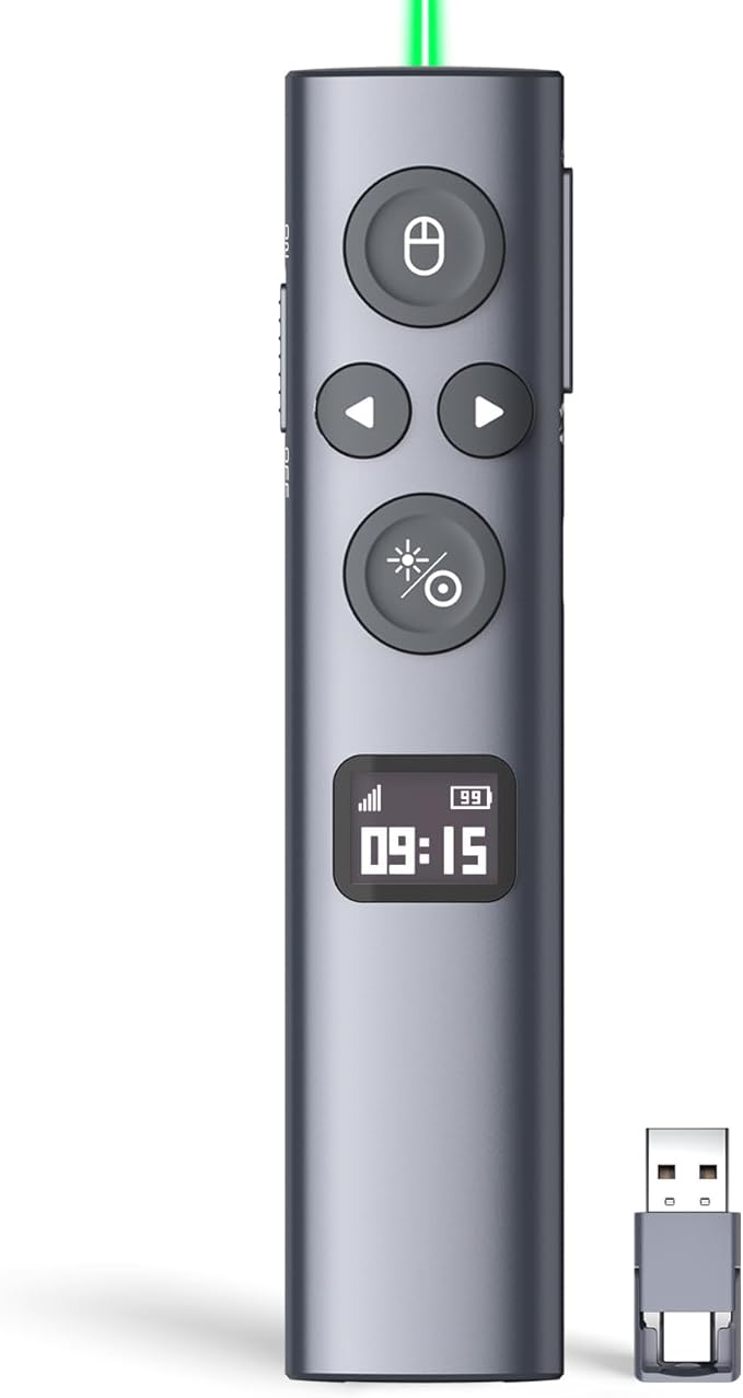 Norwii N95s BLE Presentation Clicker with Digital Pointer for PowerPoint Presentation on TV Screen and Projection Screen, Wireless Presenter Remote with Countdown Timer (Green Light-USB-AC)
