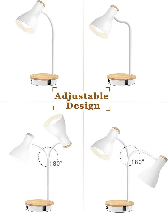 Metal Desk Lamp Wireless Charging Table Lamp Touch Reading Lights Arc Desk Lamps for Bedroom, 3 Way Dimmable Bedside Lamp with USB Charging Ports Lamp for Study Room and Office (White)