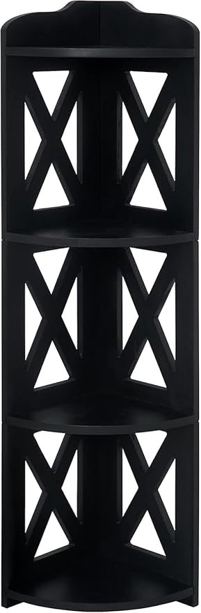NHZ Corner Shelf Stand, Wood Corner Bookshelf, Corner Bookcase and Plant Stand (Black, 4 Tier)
