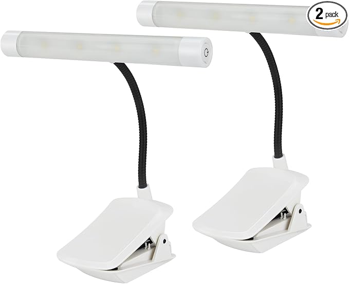 BIGMOANT Battery Operated Book Light, Reading Light with Clip, Eye Care Book Light, 2 Adjustable Brightness Set, Flexible Metal Neck, Perfect for Book Lovers (White, 2 Pack)
