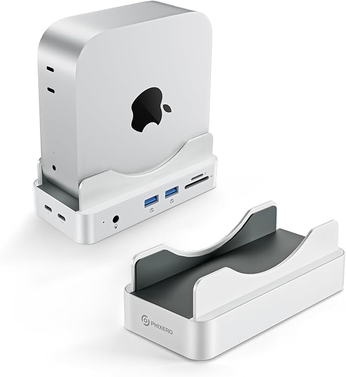 Phixero M4 Mac mini Dock with NVMe SSD Enclosure, 6-in-1 Aluminum Stand hub, 10Gbps USB-A, SD/TF Reader, Space-Saving Design.