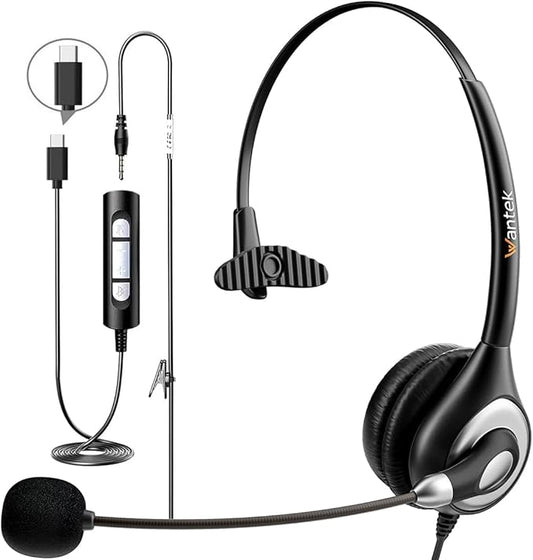 Wantek Headset with Microphone for PC Wired Headphones - USB C 3.5mm Headsets with Noise-Cancelling Microphone for Laptop