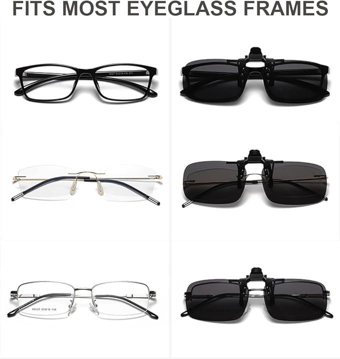 Junsika Polarized Clip On Sunglasses for Prescription Glasses Men Women Flip Up Rimless Black Sunglasses UV400 Protection