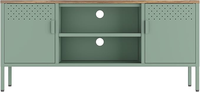 Manhattan Comfort Landen 47" Modern Metal TV Stand with Storage Cabinets & Open Shelves, Holds Up to 40" Screen, TV Console with Natural Wood Top, Cable Management, Adjustable Legs, Green