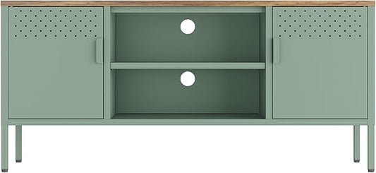 Manhattan Comfort Landen 47" Modern Metal TV Stand with Storage Cabinets & Open Shelves, Holds Up to 40" Screen, TV Console with Natural Wood Top, Cable Management, Adjustable Legs, Green
