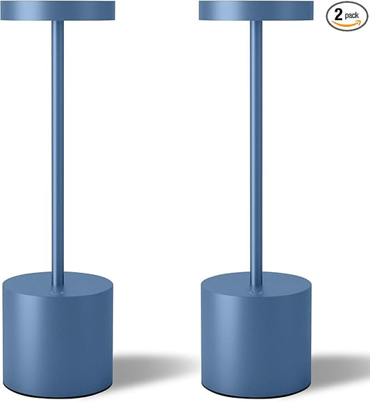 Cordless Table Lamps Set of 2, 5000mAh Rechargeable Battery Powered Lamp, 3 Color Stepless Dimming LED Table Lamp, Portable Table Light for Outdoor/Indoor/Restaurant/Home. (Blue)