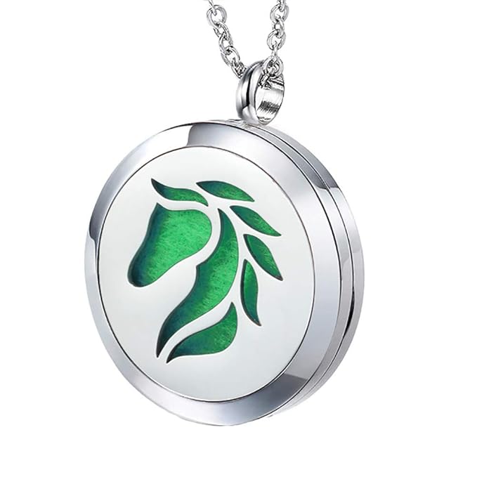 Essential Oil Diffuser Necklace Aromatherapy Jewelry Stainless Steel Horse Animal Locket Pendant with 24 inch Chain 8 Pads Birthday Christmas Jewelry Gift for Women Men