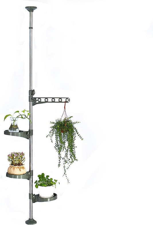 BAOYOUNI Indoor Plant Pole Stand Tension Rod Adjustable Flower Display Rack Spring Loaded Floral Hanger Storage Shelf with 3 Trays & 1 Arm for Windowsill Counter Top, Grey
